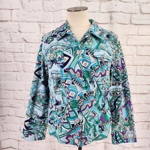 Chicos Jacket 2 Large Paisley Geometric Colorful Artsy Pastel Canvas *Stains*